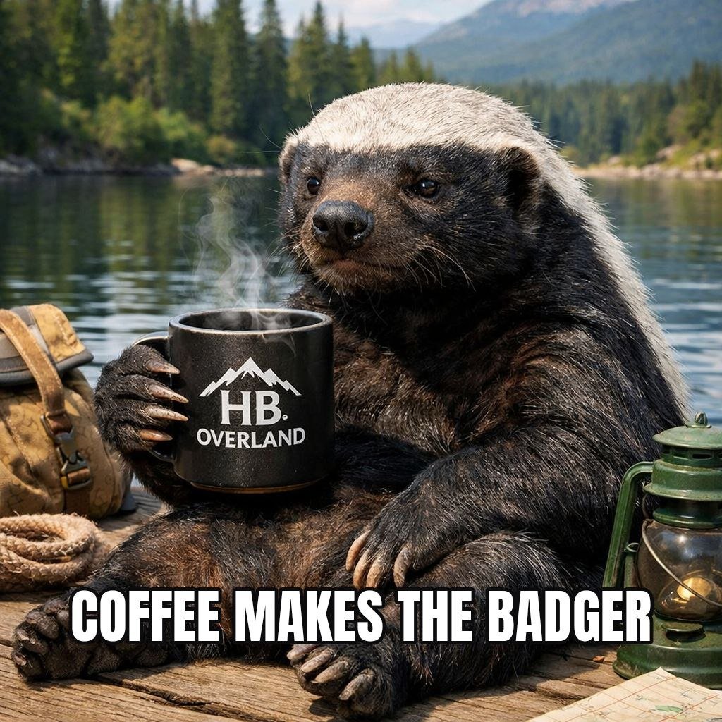 Honey badger with HB Overland coffee. Coffee makes the badger.